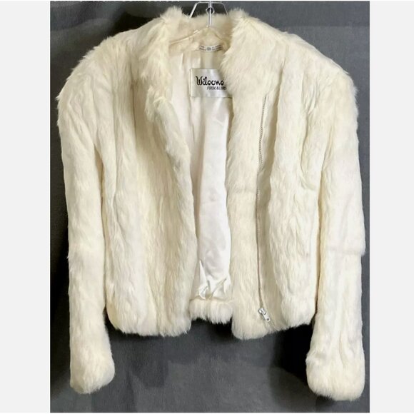 VTG Wilsons Mobwife Cropped Bleached Rabbit Fur Full Zip White Bomber Jacket M - Picture 1 of 9